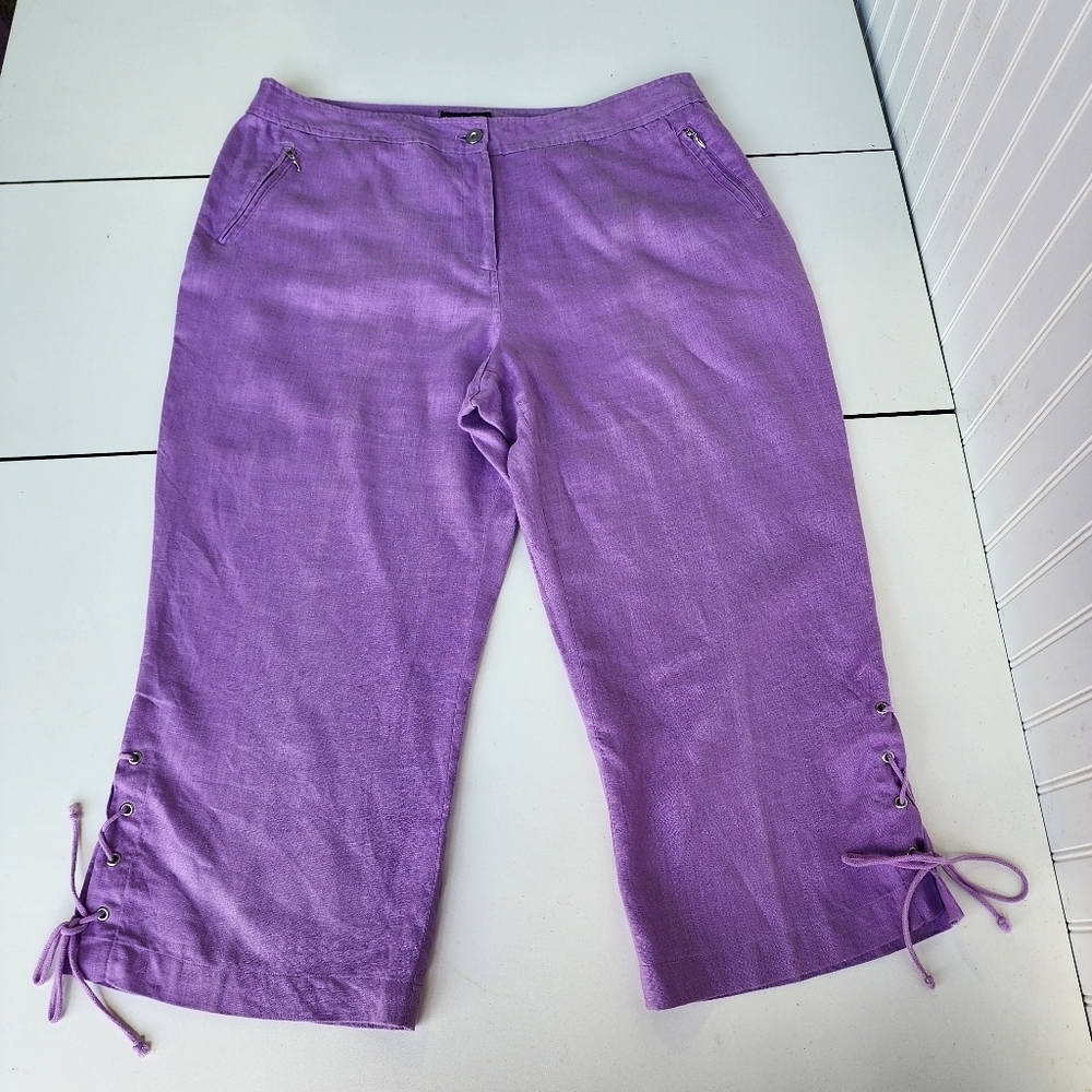Style & Co Womens Cropped Wide Leg Pants 100% Linen Lavander Purple Sz 16